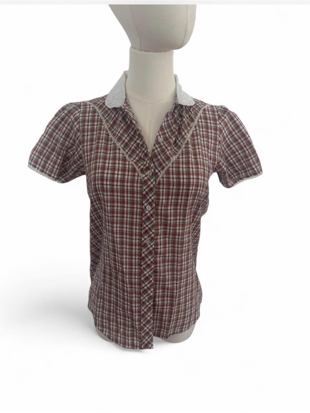Plaid Short-Sleeve Button Front Top with Lace Collar
